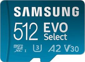 "Samsung Evo Select" (2024) microSD kortelė + SD adapteris, 512GB, atminties kortelė išmaniesiems telefonams ir planšetiniams kompiuteriams, UHS-I U3, 4K UHD, Full HD, 160MB/s skaitymo greitis, MB-ME512SA/EU