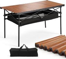 "Sekey" sulankstomas stovyklavimo stalas, 120 x 60 x 69 cm, susukamas stalviršis, sulankstomas stalas su aliuminio rėmu, iki 30 kg, nešiojamasis sulankstomas stalas, turi krepšį su tinkleliu, medžio išvaizdos