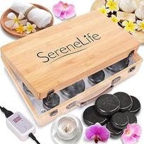 "SereneLife" masažinių akmenų šildymo dėžutės rinkinys - elektrinis SPA rinkinys su nešiojamais šildomais masažiniais akmenimis - šildymo rinkinys su 12 didelių/mažų juodų akmenų, įskaitant bambuko šildymo dėžutę