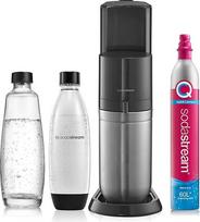"SodaStream Duo" burbulų aparatas su 1 litro daugkartinio naudojimo plastikiniu vandens buteliu be BPA, 1 litro stikline karafa gazavimui ir 60 litrų CO2 dujų buteliu su greita jungtimi, juodas