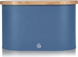 "Swan Nordic Bread Bin", bambukinės pjaustymo lentos dangtis, anglinio plieno duonos dėžė duonai ir Vienos kepiniams laikyti, modernus dizainas, mėlyna