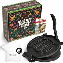 "Uno Casa" ketaus tortilijų presas 25 cm - "Taco" presas ir "Roti" kepimo aparatas - plius 100 lapų kepimo popieriaus - virtuvės prietaisas miltinei tortilijai, "Roti", "Tawa" ar "Dosa" arba koldūnų kepimo aparatas
