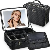 "Vanity Case" makiažo dėžutė "Make Up Box" užrakinama kosmetikos organizatoriaus dėžutė "Beauty Storage Case" su 2 dėklais ir veidrodžiu, juoda languota, moderni, madinga