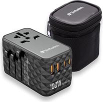 "Verbatim GaN" universalus kelioninis adapteris UTA-06 100 W kištukinis adapteris su 2 USB-A ir 2 USB-C prievadais, greitas nešiojamojo kompiuterio, mobiliojo telefono, fotoaparato ir kt. įkroviklis. Kelioninis kištukas visame pasaulyje, 100-250 V