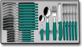 "Victorinox Classic" 24 dalių stalo įrankių rinkinys su stalo peiliu, šakute, šaukštu, itin aštriais ašmenimis, dantytais kraštais, 11 cm, nerūdijantis plienas, žalias