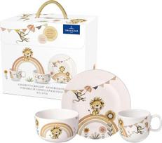 "Villeroy & Boch Boho Kids" vaikiškų indų rinkinys "Roar like a lion", 3 dalys, smėlio spalvos, galima plauti indaplovėje, galima naudoti mikrobangų krosnelėje, vaikiškų indų rinkinys, gyvūnų motyvai, liūtas ir beždžionė, aukščiausios kokybės porcelianas