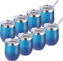 "Volhoply" 12 oz nerūdijančio plieno taurės vynui su dangteliu, 8 vnt., dvigubos sienelės, vakuuminės vyno taurės, daugkartinio naudojimo metalinės kelioninės kavos taurės su šiaudeliu, izoliuotos taurės dovanos (tamsi naktis, 8)