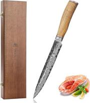 "Wakoli Olive HS" mėsos peilis ir drožinėjimo peilis, pagamintas iš tikro damaskinio plieno (VG10 šerdis) su 20 cm ašmenimis - aštrus ir tikslus - damaskinis peilis su alyvuogių medžio rankena dovanų dėžutėje - virtuvės peilis ir kepimo peilis