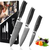 "Wakoli Mikata" 3 dalių Damasko plieno peilių rinkinys (VG10 šerdis) dovanų dėžutėje - aštrių "Santoku" peilių rinkinys su dideliu ir mažu "Santoku" peiliu bei biuro peiliu - virtuviniai peiliai su "Micarta" rankenomis