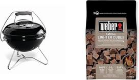 "Weber" 1121004 "Smokey Joe Premium", medžio anglių kepsninė, 37 cm, juoda, skirta keliauti, nešiojama ir 17612 žiebtuvėlių kubelis, rudos spalvos, be priedų, 48 vnt. pakuotė