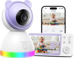 2K kūdikių monitorius su kamera ir programėle, 5 colių IPS monitorius, "WiFi" vaizdo monitorius su 4X priartinimu, verksmo / judesio / triukšmo aptikimo funkcija, 360° PTZ kamera, IR naktinis matymas, automobilio sekimas, temperatūra