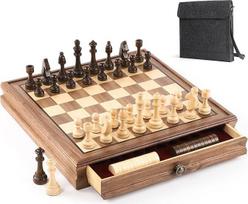 32 cm juodo riešutmedžio magnetinis šachmatų žaidimas su stalčiumi, medinis šachmatų ir šaškių žaidimas "2-in-1" su 2 papildomomis damomis, 24 damų akmenimis, krepšiu, kelioniniais šachmatais