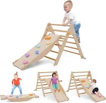 4-in-1 Montessori laipiojimo trikampis, vidaus laipiojimo rėmas su čiuožykla, laipiojimo kopėčiomis ir laipiojimo arka, sūpynės, sulankstomas medinis laipiojimo žaislas, vidaus lauko rinkinys, vidaus žaidimų aikštelė 1-5 m.