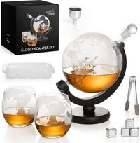 Ąžuolo ir plieno dekanterių rinkinys "XL Premium Globe" su pasaulio žemėlapiu, 1500 ml - karafa su 2 stiklinėmis, 4 viskio akmenimis ir kt. - dovanų rinkinys Kalėdoms