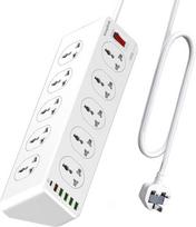 B09H3156N2USB prailginimo laidas 2 m, 10 maitinimo lizdų su 6 USB (1 C tipo + QC3.0 lizdai + 4 USBA), apsauga nuo viršįtampių, kištukinis prailginimo lizdas namų biurui, 2500 W/10 A, baltos spalvos