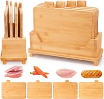Bambus Schneidebrett 4er Set mit Aufbewahrungsständer - Schneidebretter mit Lebensmittel-Icons & Saftrillen - Hygieniškas dizainas Fleisch, Fisch, Brot & Gemüse