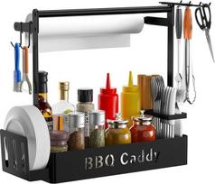 BBQ Caddy su popierinių rankšluosčių laikikliu lėkštėms, stalo įrankiams, piknikui, prieskonių laikikliu, su 4 kabliukais, BBQ įrankių laikikliu lauko BBQ priedams, organizatoriumi