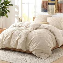 BEDSURE Boho patalynė 135 x 200 cm 4 dalių - Boho dekoratyviniai patalynės komplektai Smėlio spalvos plunksnomis dekoruotas antklodės užvalkalų rinkinys su 2 pagalvių užvalkalais 80 x 80 cm, Oeko-Tex patalynė su užtrauktuku