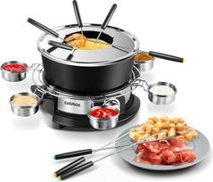 CUSIMAX elektrinis Fondue rinkinys su 1300 W galios reguliatoriumi sūriui, šokoladui, aliejui ir sultiniui, 2 l nesvylančio elektrinio Fondue puodo su 8 šakutėmis, 6 puodeliais ir nuimama rankena, apsaugančia nuo apšalimo