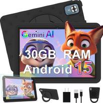 DMOAO Vaikų planšetinis kompiuteris 10 colių "Android 15" su 30GB RAM + 64GB ROM (2TB), 5G WLAN 6, "Widevine L1", tėvų kontrolė, 8 branduolių, 6000 mAh, vaikiškas planšetinis kompiuteris su vaikišku EVA dėklu + 360° pasukamu stovu, juodas