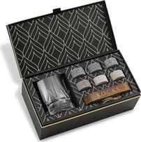 Dovanų rinkinys "Whiskey Stones & Environmentally Friendly Crystal Whisky Glass Gift Set" - 6 rankų darbo apvalūs granito aušinimo akmenys - viskio stiklas "Imperial" iš Europos (355 ml) - kieto medžio padėklas - dovanų dėžutė