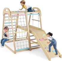 DREAMADE 8-in-1 medinis laipiojimo rėmas, Montessori laipiojimo trikampis su sūpynėmis ir kopėčiomis, žaidimų bokštas su čiuožykla ir laipiojimo tinklu, vidaus žaidimų aikštelė vaikams nuo 3 metų (spalvotas)