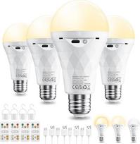 E27 LED įkraunama lemputė su nuotolinio valdymo pulteliu, 4 vnt., reguliuojamo ryškumo akumuliatorinė lemputė (3000 K/4000 K/6500 K) su laikmačiu, 2600 mAh akumuliatorinės lemputės pagrindas ir USB įkraunama dviguba paskirtis, skirta stalinei lempai / sto