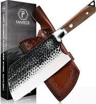 FANTECK Rankų darbo kaltinis virtuvinis peilis pjaustymo peilis 20 cm Kiniškas virėjo peilis Kaltinis plieninis peilis Cleaver peilis Serbiškas mėsininko peilis Aštrus pjaustymo peilis su pilnavidure medine rankena ir odiniu dėklu