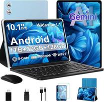 fezawio 10,1 Zoll Android 15 Gaming Tablet Gemini AI 30GB RAM +128GB ROM, aštuonių branduolių 8000mAh, WiFi6, Widevine L1, GMS, 3.5mm Audio, GPS, Face ID mit Tastatur, Maus und Schutzhülle, Blau