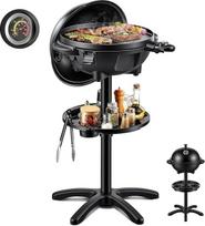 FOHERE 2400 W elektrinis stalinis grilis "2-in-1" - stovintis grilis su termostatu, grilio plokštė su keramine danga, skirtas naudoti lauke ir viduje, balkone ir virtuvėje, grilio paviršiaus skersmuo 41 cm, juodas