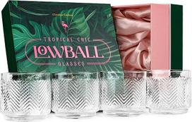 GLASSIQUE CADEAU Vintage Flamingo Gin, Rum, Vodka Tumbler kokteilių stiklinės, 4 vnt., 325 ml Crystal Rocks stiklinės tropiniams kokteiliams, neįprastos mažos krištolo stiklinės