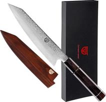 GRÄWE Signature Damasko peilis, didelis Damasko plieno, itin aštrus, Damasko peilis Santoku, Damasko virtuvinis peilis, 35 cm ilgio, azijietiškas virėjo peilis su dovanų dėžute, ruda rankena