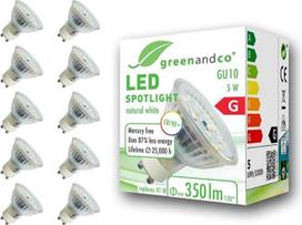 greenandco® CRI90+ LED prožektorius tinkamas naudoti vietoje 50 W GU10 halogeninio prožektoriaus, 5 W, 430 liumenų.