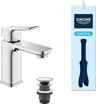 GROHE Dice, 1018570000 Praustuvo čiaupas, taupantis vandenį (čiaupas vonios kambariui, vonios čiaupas su nuleidimo funkcija "Push-Open", 15 cm aukščio, su "3-in-1" įrankiu, lengvai montuojamas ant kriauklės), chromas