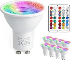 GU10 LED lemputė su keičiama spalva, 5 W šviesos diodų lemputė su nuotolinio valdymo pulteliu, 12 spalvų, vėsiai balta 6000 K ir RGB taškinė šviesa, 50 W, tinkama sieniniam apšvietimui, bėgių apšvietimui, namų dekoravimui (8 vnt.)