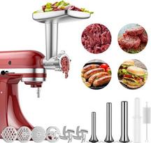 GVODE mėsmalės priedas "KitchenAid" stovinčiam maišytuvui, 3 dešrelių faršo rageliai, 2 smulkinimo peiliai, 4 smulkinimo diskai ir valymo šepetėlis - "KitchenAid" mėsmalės priedai