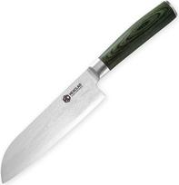 HexClad Santokumesser, 18 cm Klinge aus rostfreiem japanischem Damaststahl, Full Tang Konstruktion, Griff aus Pakkaholz