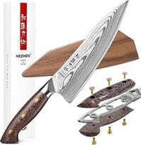 HEZHEN 21 cm Damasko virėjo peilis, 67 sluoksnių Damasko plieno virėjo peilis, profesionalus virtuvinis peilis su mediniu dėklu, "Full Tang Micarta" rankena