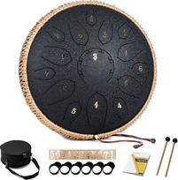 HOPWELL plieninis liežuvinis būgnas - 15 natų 12 colių liežuviniai būgnai - mušamieji instrumentai - rankinis liežuvinis būgnas su natų knyga, būgnų plaktukais ir krepšiu, D-dur, juodas