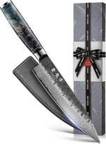 Japoniškas virėjo peilis 20 cm Damasko plieno su VG10 šerdimi, juoda kalta ergonomiška rankena, odiniu dėklu ir prabangia dovanų dėžute, idealiai tinkantis kaip dovana vyrams ir moterims
