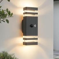 JNR LED lauko šviestuvas su PIR judesio jutikliu, IP54 aukštyn žemyn vandeniui atsparus lauko šviestuvas su judesio jutikliu 230 V, lauko šviestuvas su 2 x 5 W GU10 3000 K šiltos baltos spalvos lemputėmis, sieninis šviestuvas, antracito pilkos spalvos