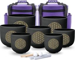KVKA kristalų dainavimo dubenų rinkinys, 6-12 colių 432 Hz juodas matinis kvarcinis gyvybės gėlės kvarco čakros dainavimo dubuo, skirtas jogos meditacijai, garso gydymui, streso malšinimui, su krepšiu