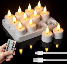 LED arbatos žvakės, 12 LED žvakių pakuotė, įkraunamos su laikmačio funkcija, nuotolinio valdymo pultas, LED žvakės, mirganti liepsna su įkrovimo stotele Helovinui, Kalėdoms, Valentino dienai, stalo šventės dekoracijoms