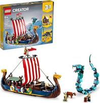 LEGO Creator 31132 "3-in-1" vikingų laivas ir Midgardo gyvatė, transformuojasi iš nuostabaus laivo į vikingų namus arba Fenriso vilko figūrėlę, dovanos vaikams, berniukams ir mergaitėms