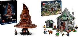 LEGO Hario Poterio kalbanti skrybėlė, Hogvartso modelis suaugusiesiems ir Hario Poterio Hagrido namelis: Netikėto apsilankymo rinkinys su 5 mini figūrėlėmis ir 2 gyvūnų figūrėlėmis