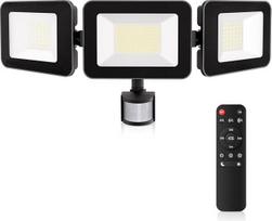 MEIKEE 100 W LED prožektorius su judesio jutikliu, nuotolinio valdymo pultu 9600LM 6500K baltos dienos šviesos PIR prožektoriai lauke, 4 režimai, laiko valdymas, IP66, atsparus vandeniui, 180° reguliuojamas, skirtas sodo garažo durims