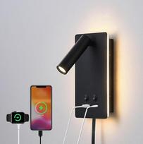 MOLUOLA LED sieninis šviestuvas, sieniniai skaitymo šviestuvai, reguliuojamas prieškambario sieninis šviestuvas su USB C + A prievadais, prieškambario naktinis šviestuvas su 9 W + 3 W naktine šviesa 3000 K (juodas)