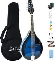 Mulucky A-Stil Mandoline Instrument, 8-saitige akustische Mandoline für Anfänger, Mahagoniholz Musikinstrument-Set mit Gigbag, digitalem Stimmgerät, Ersatzsaiten, Plektren, Blau