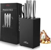 OLEIO Maestro 6 dalių virtuvinių peilių rinkinys su juodu peilių bloku, virėjo peilių rinkinys ir virtuvės žirklės iš nerūdijančio plieno, blokas su peilių galąstuvu, nerūdijančio plieno rankenos, peilių blokas su peiliu