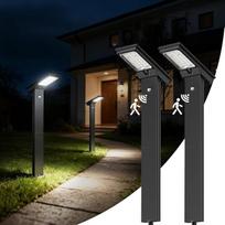 OUSFOT lauko sodo saulės žibintai su judesio jutikliu, 4400 mAh sodo saulės žibintai, skirti naudoti lauke, atsparūs žiemai, 2 vnt., 32 šviesos diodai, 6500 K vandeniui atsparus judesio jutiklis, lauko saulės žibintai